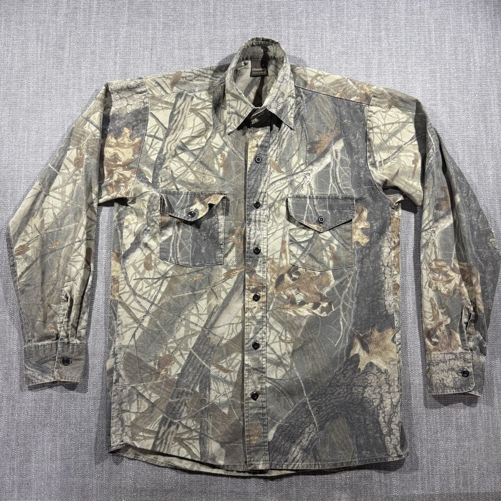 Vintage Ranger Camo Shirt Mens Small Brown Long Sleeve Button Front Made USA
